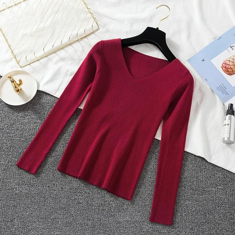 Women Sweater Long Sleeve Pullover Basic Top Fashion V-neck Elastic Female Winter Solid Knitted Jumper-Dollar Bargains Online Shopping Australia
