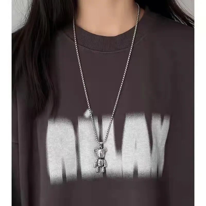 Fashion Cute Hip Hop Bear Pendant Necklace for Men & Women Punk Wind Titanium Steel Sweater Chain Jewelry Set Lovers Gift-Dollar Bargains Online Shopping Australia