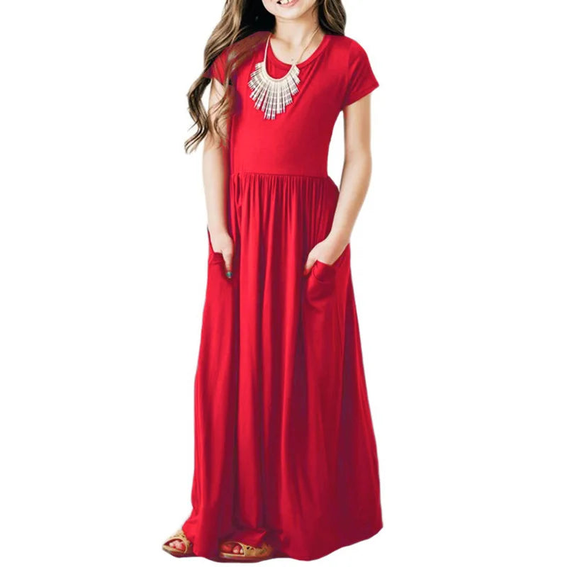 Girls Short Sleeved Long Dress Beach Party Birthday Casual Fashion Show Versatile A-Line Dress-Dollar Bargains Online Shopping Australia