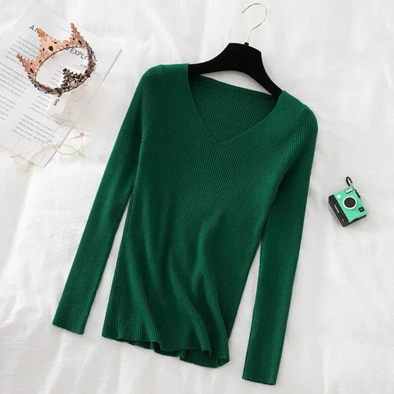 Women Sweater Long Sleeve Pullover Basic Top Fashion V-neck Elastic Female Winter Solid Knitted Jumper-Dollar Bargains Online Shopping Australia