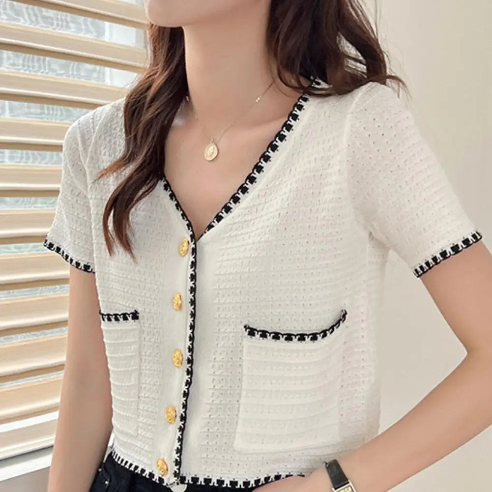 Women's V-neck T-Shirt Tops Small Fragrant Style Summer Short Sleeved Thin Knit Cardigan Elegant Slim-fit All-Match-Dollar Bargains Online Shopping Australia