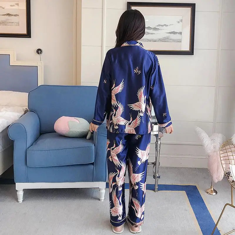 Women Pajamas Set Long Sleeve Tops Trousers Pyjamas 2 Pieces Satin Sleepwear Nightgown Home Clothes-Dollar Bargains Online Shopping Australia