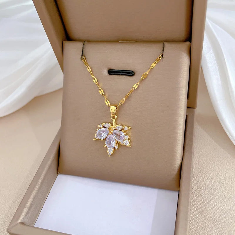 Fashion Micro-inlaid Necklace Earring Set Light Luxury Maple Leaf Personality Temperament Banquet Earrings Clavicle Chain-Dollar Bargains Online Shopping Australia