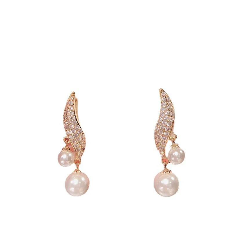 Double Pearl Dangle Earrings For Women Crystal Long Tassel Drop Earring Wedding Jewelry