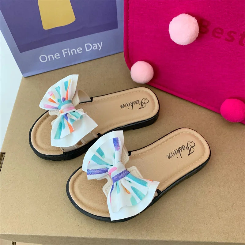 Bow Flats Open Toe Slide Sandals Non-slip Flip Flops Children Home Slippers Kids Girls Summer Cute Beach Slippers Shoe