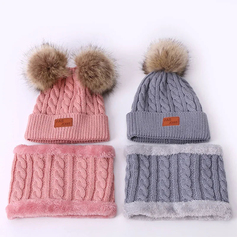 Warm Winter Baby Hats with Scarves for Kids Wool Pompom Baby Hat Children Bonnet Cap Boys Girls Knitted Scarf Gloves Beanie Caps-Dollar Bargains Online Shopping Australia