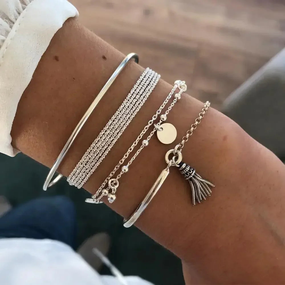 4PCS/Set Boho Geometric Tassel Chain Bracelet For Women MultiLayer Bangles Charm Party Wedding  Beach Jewelry Set Accessories