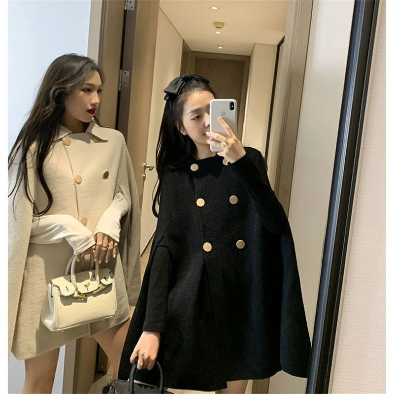 Fashion Woolen Poncho Coats for Women Autumn Winter Solid Cape Cloak Coat Loose Overcoat Female Double Breasted Lapel Jackets-Dollar Bargains Online Shopping Australia