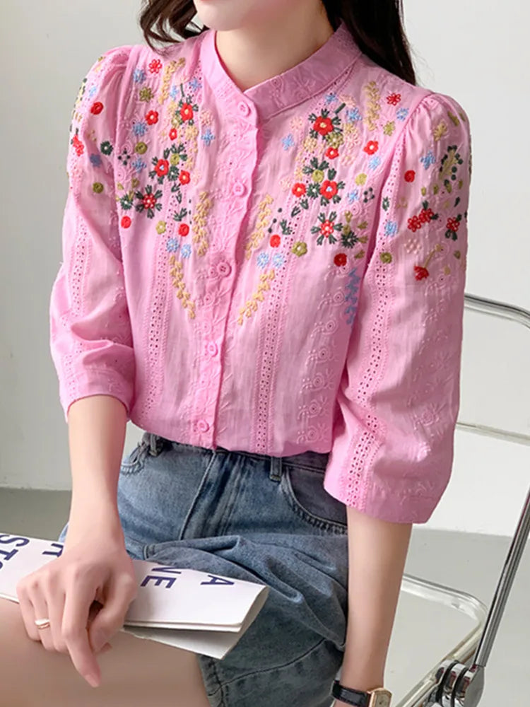 Vintage Embroidered Flower Jacquard Shirt For Women Romantic Gentle Style Versatile Stand Collar Shirt