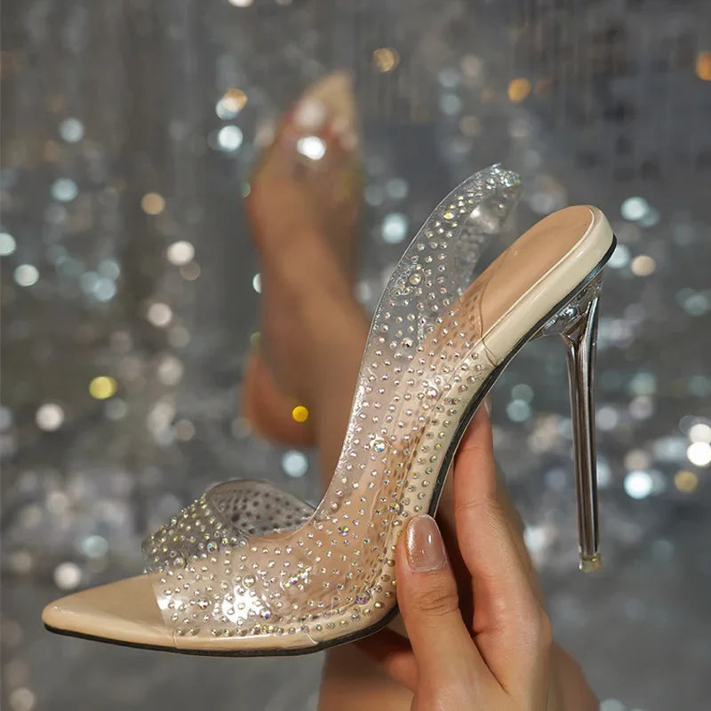 Crystal Rhinestone PVC Transparent Women Pumps Sandal Perspex Stilettos High Heels Pointed Toe Wedding Party Shoe-Dollar Bargains Online Shopping Australia
