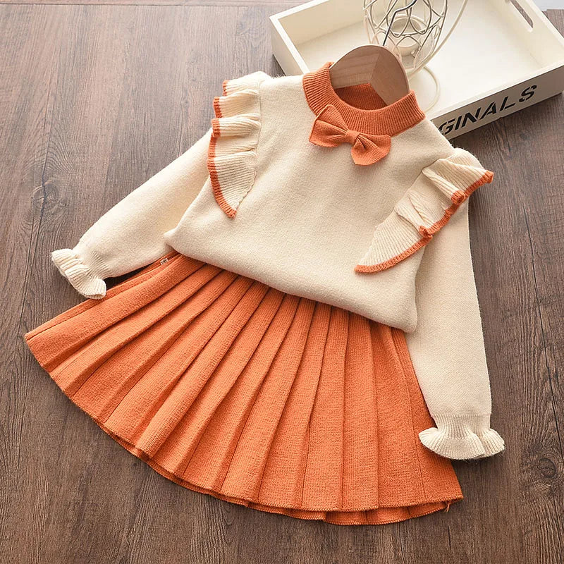Casual Girls Dress Knitting Kids Suit Winter Long Sleeves Princess Top and Skirt 2pcs Outfits Sweater Kids Clothes-Dollar Bargains Online Shopping Australia
