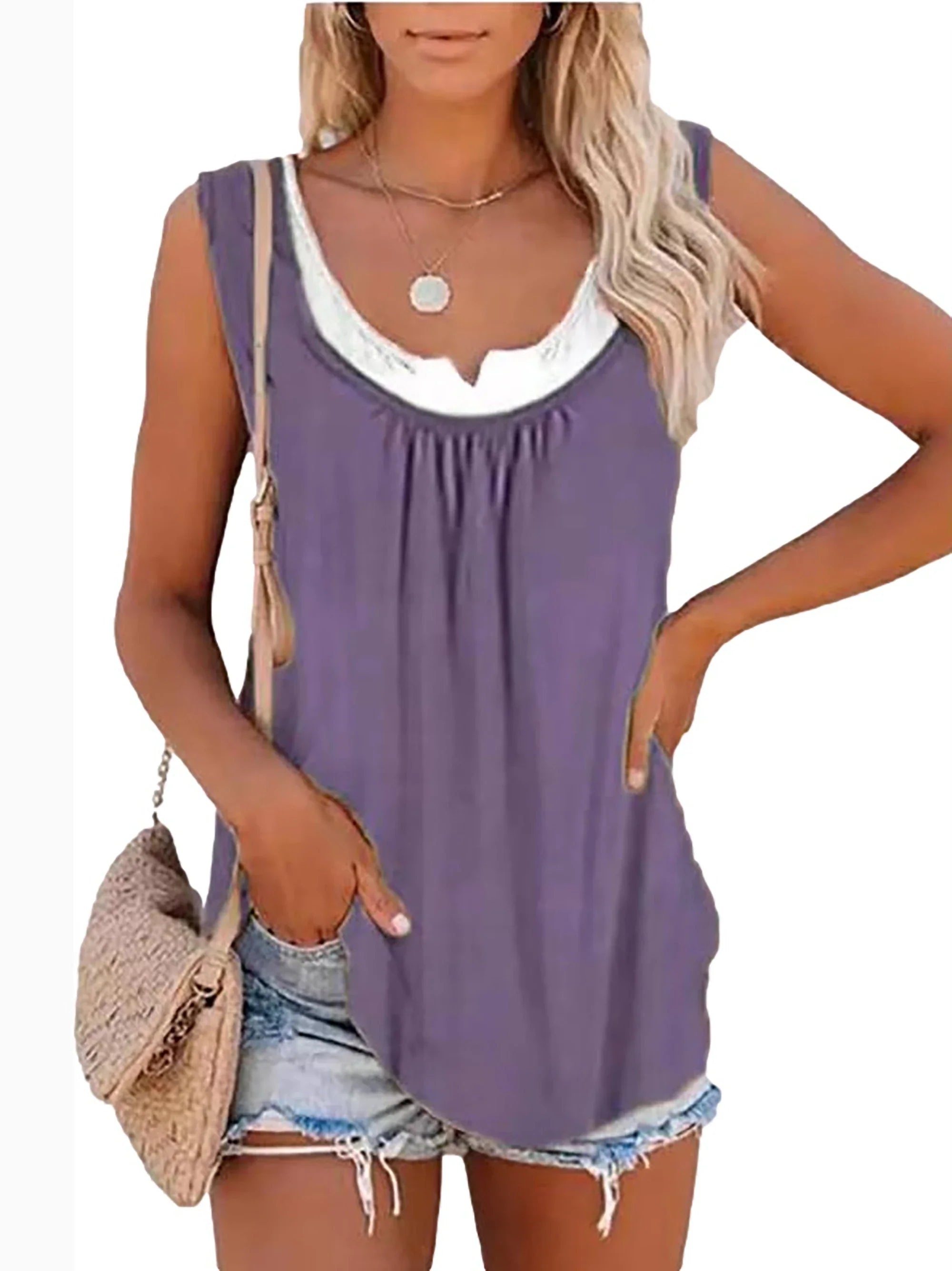 Womens blouse solid color patchwork sleeveless pleated vest T-shirt-Dollar Bargains Online Shopping Australia