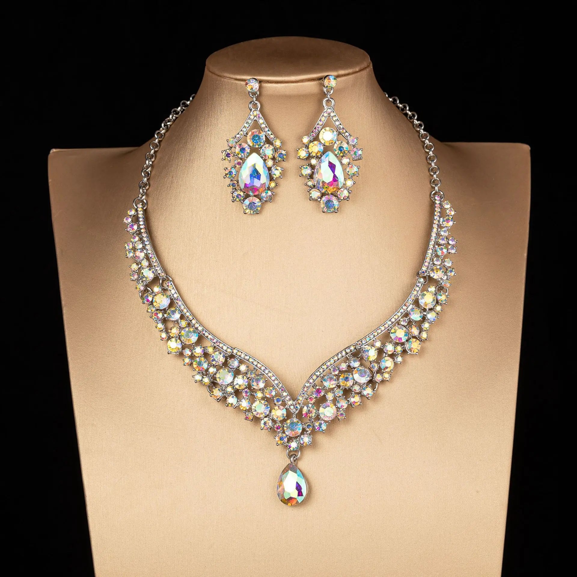 Luxury Crystal AB Color Choker Necklace Earrings Set Rhinestone Bridal Jewelry Sets for Bride Wedding Party Costume-Dollar Bargains Online Shopping Australia