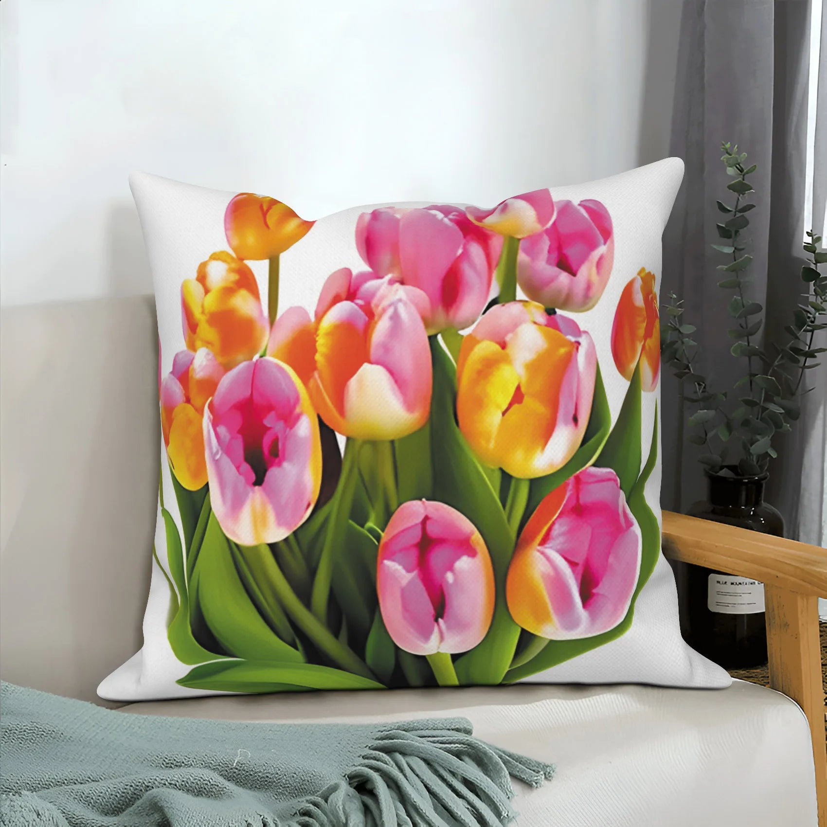 Pink Tulip Floral Throw Pillow Cover Decoration Living Room Sofa Cushion  Home Decor