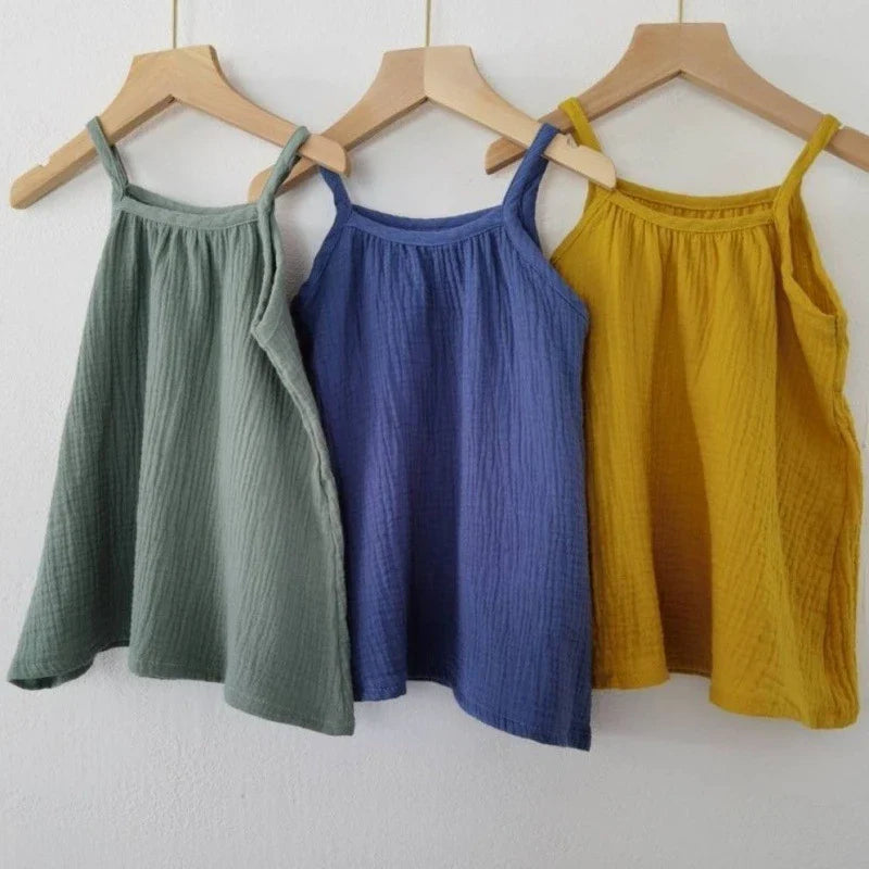 Summer Cute Girls Muslin Slip Dress Princess Kids Sleeveless Linen Cotton Baby Girls Clothing for Beach Girls Costumes