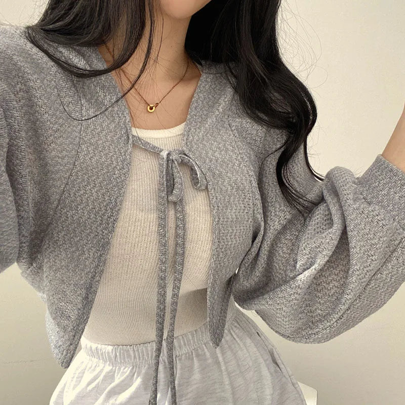 White Knitted Cardigan Women Summer Thin Sunscreen Lace-Up Knitwear Tops Female Lantern Sleeve Short Coat-Dollar Bargains Online Shopping Australia