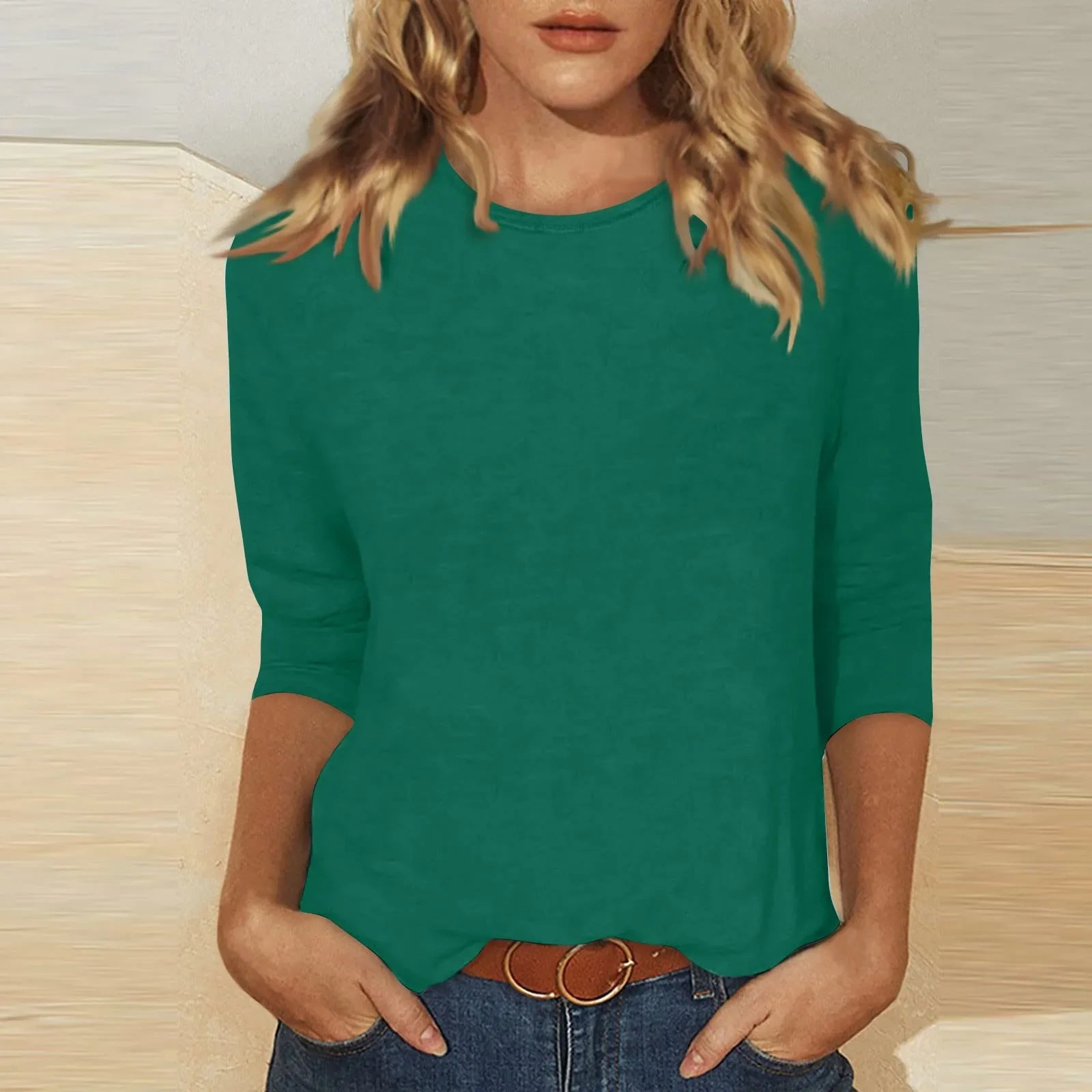 Women's Tops 3/4 Sleeve Summer Ethnic Solid Color O-Neck Slim Crewneck Slim Fit Tshirts Spring Blouse-Dollar Bargains Online Shopping Australia