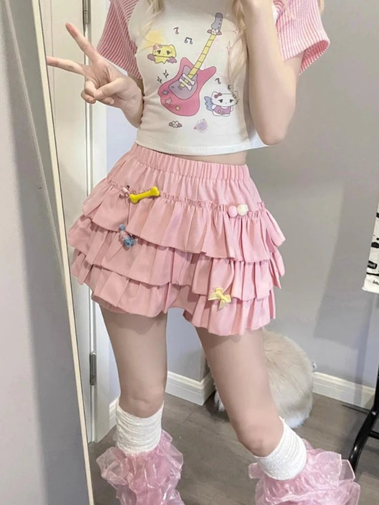 Kawaii Lolita Skirt Women Ruffle Layered High Waist Cutecore Mini Skirt Shorts Harajuku Japanese Style Soft Girl