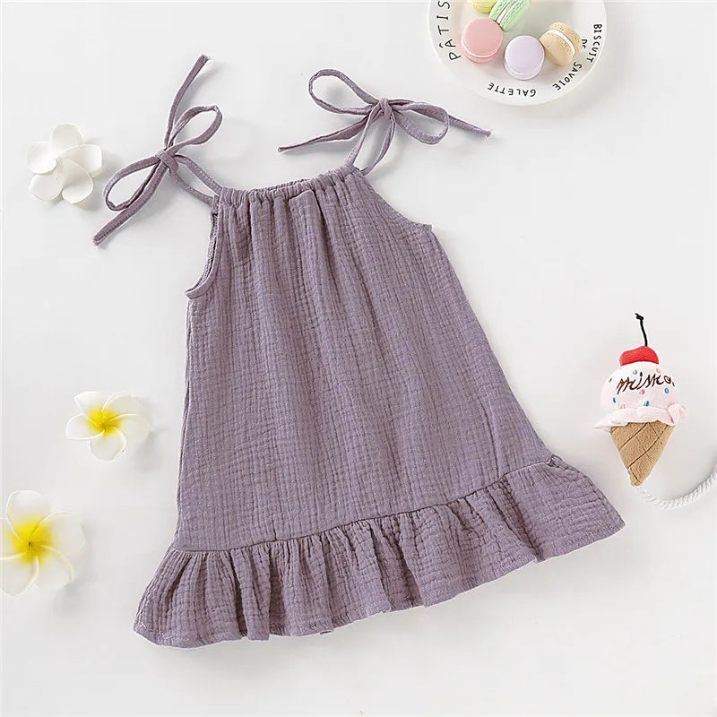 Kid Girl Summer Breathable Cotton Slip Dress Adjustable  Solid Color Halter Dress Toddler Girl Holiday Beachwea