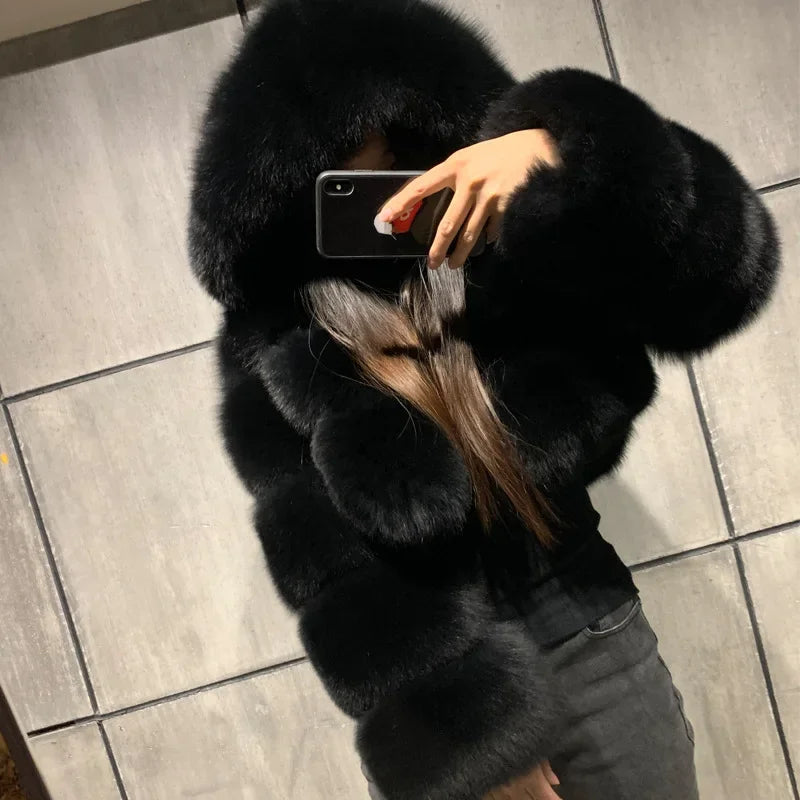 Autumn Furry Cropped Faux Fur Coats Jackets Women Fluffy Top Coat Hooded Straight Short Winter Fur Jacket Fashion Streetwear New