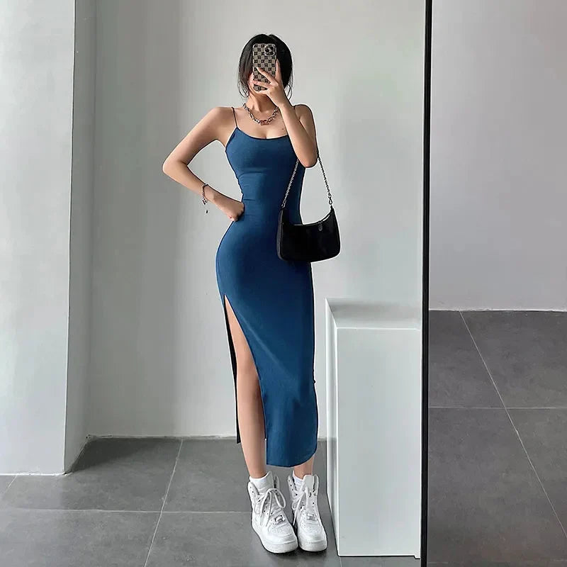 Sleeveless Slim Long Dress Women Party Club High Split Spaghetti Strap Dresses Woman Bodycon Dress Female-Dollar Bargains Online Shopping Australia