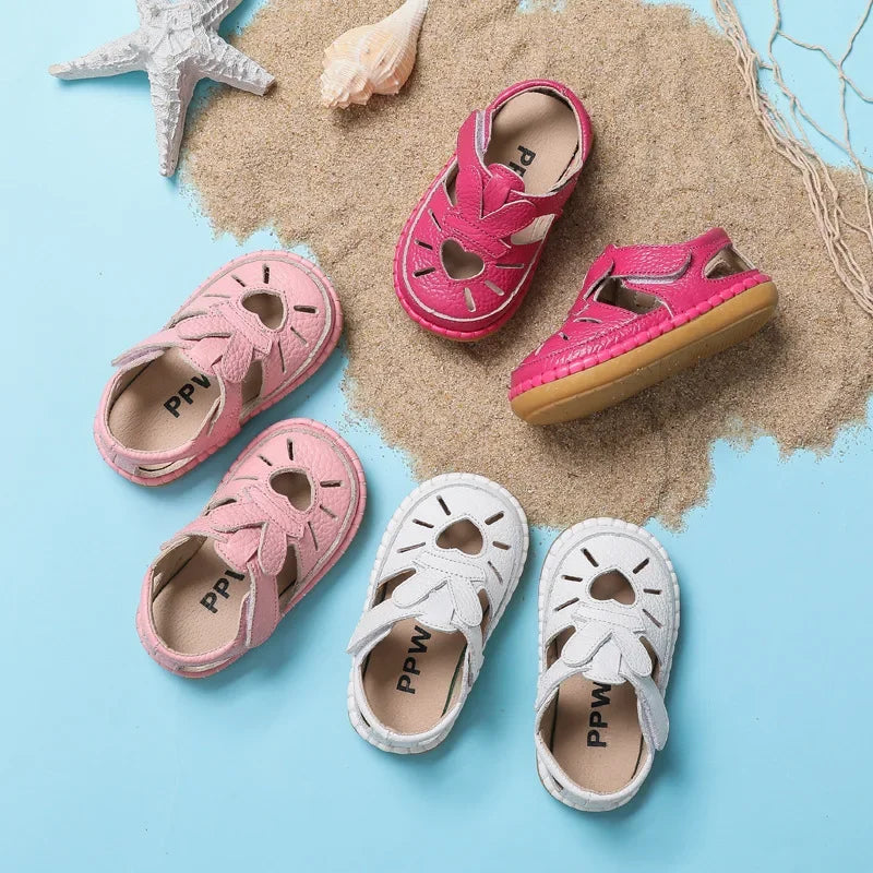 Infant Sandals Baby Girls Anti-collision Toddler Shoes Love Soft Bottom Genuine Leather Kids Children Beach Sandals