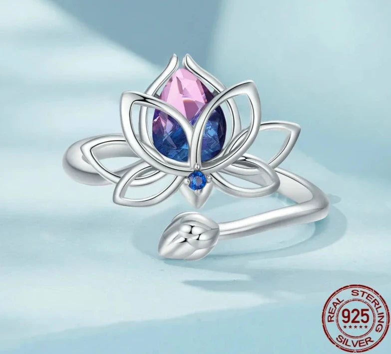 Sterling Silver Bi Color Lotus Flower Ring For Women Drop Purple pink Crystal Opening Rings Wedding Party Jewelry Gift