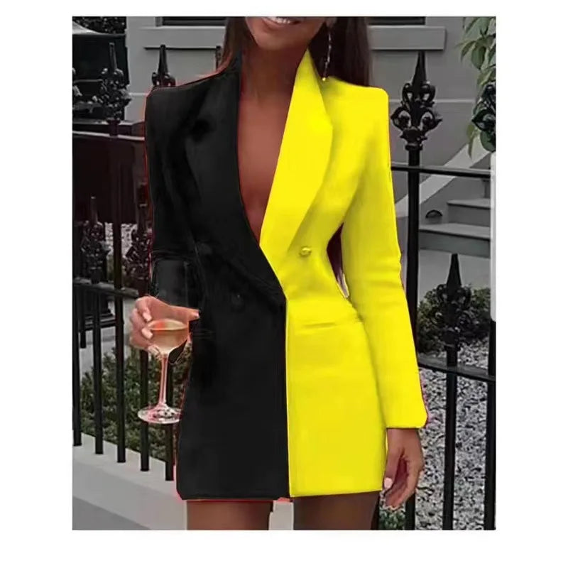 Women Blazer Elegant Office Lady Suit Thin Spring V-neck Female Long Sleeve New Patchwork Slim OL Double Breasted Dress Coat-Dollar Bargains Online Shopping Australia