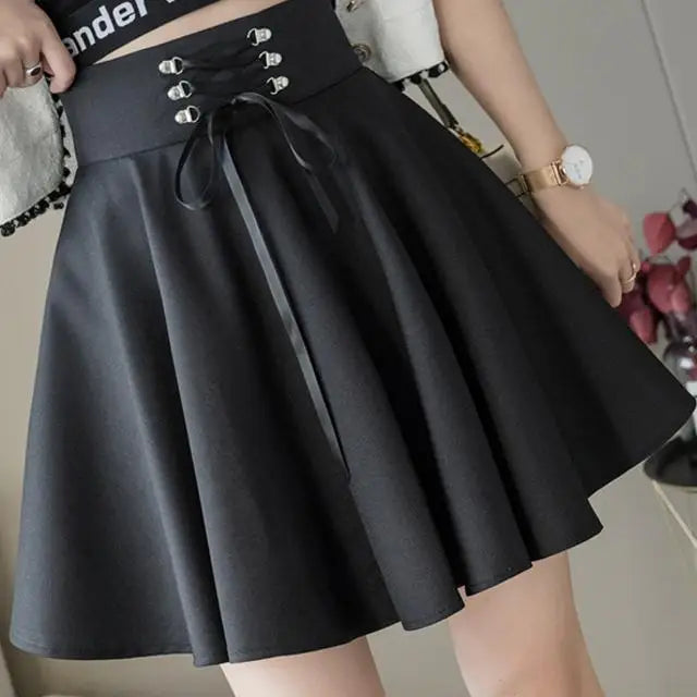 Basic Versatile Flared Casual Mini Skater Skirt High Waisted School Goth Punk Black Skirt Harajuku