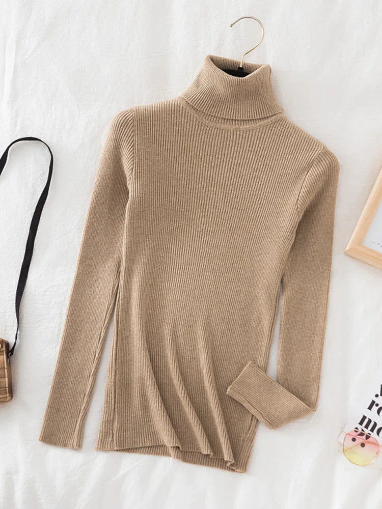 Korean Fashion Turtleneck Women Autumn Winter Pullover Sweater Basic Solid Casual Slim Stretch Ribbed Knitted Top Woman Sweaters-Dollar Bargains Online Shopping Australia