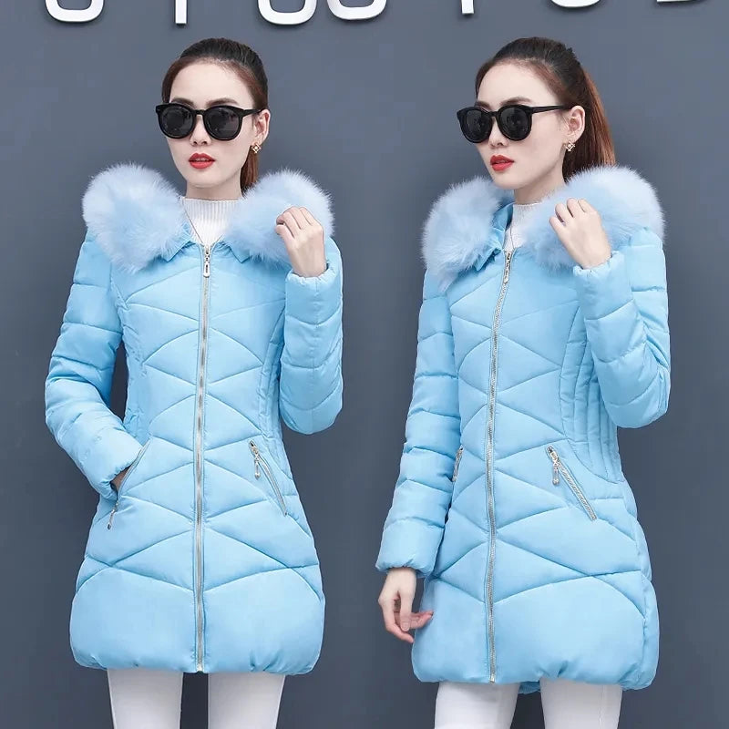 Winter Parkas Women Cotton-Padded Jacket Women's Fur Collar Cotton Liner Jacket Slim Long Thick Coat Hooded Female