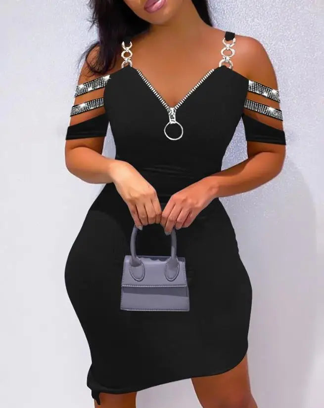 Colorblock Cold Shoulder Bodycon Skinny Mini Dress Elegant Dresses for Women-Dollar Bargains Online Shopping Australia