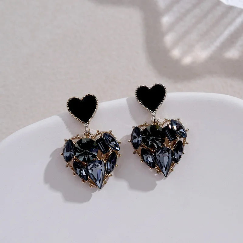 Women Black Rhinestone Love Earrings Delicate Sweet Earrings Women Party Birthday Gift Charm Jewelry Gift