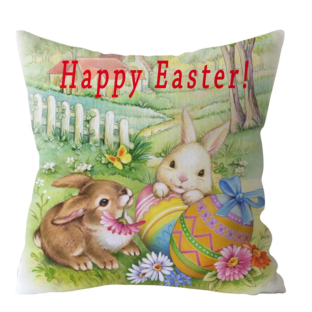 Spring Easter Home Decoration Cushion Cover Square Pillow Case Cartoon Rabbit  Egg Print