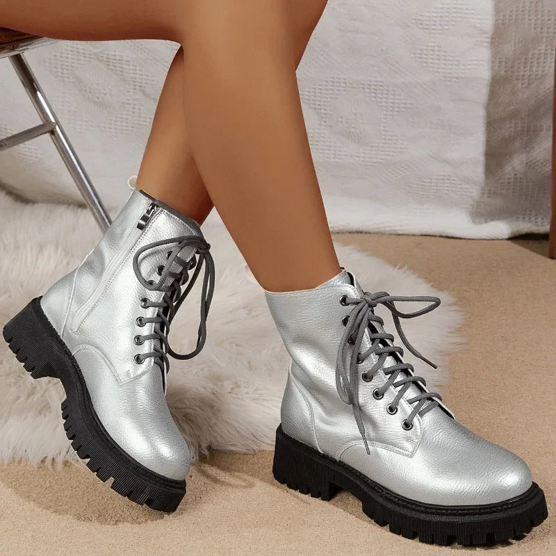 Shoes Women Silver Women's Boots Anti-slip and Wear-resistant Ladies High-top Motorcycle Boots