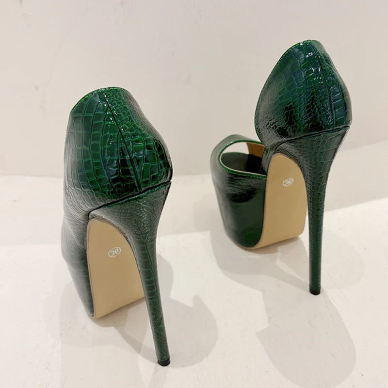 Green Snake Print Leather Platform Pumps Women Sexy Slingback Peep Toe Extreme High Heels Strip Pole Dance Shoes-Dollar Bargains Online Shopping Australia
