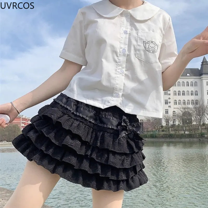 Kawaii Lolita Mini Skirt Women Gothic High Waist Ruffle Tiered Skirts Sweet Girly Summer Harajuku Y2k Short Skirt