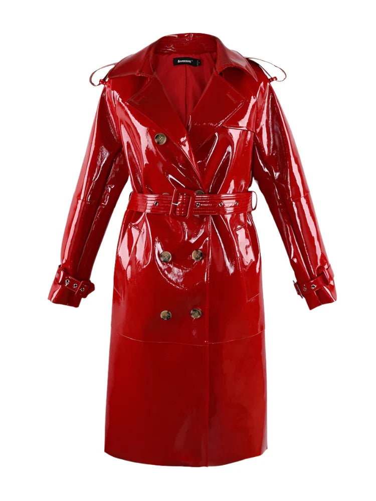 Long Shiny Black Red Patent Pu Leather Trench Coat for Women Belt Double Breasted Luxury Designer Clothes-Dollar Bargains Online Shopping Australia