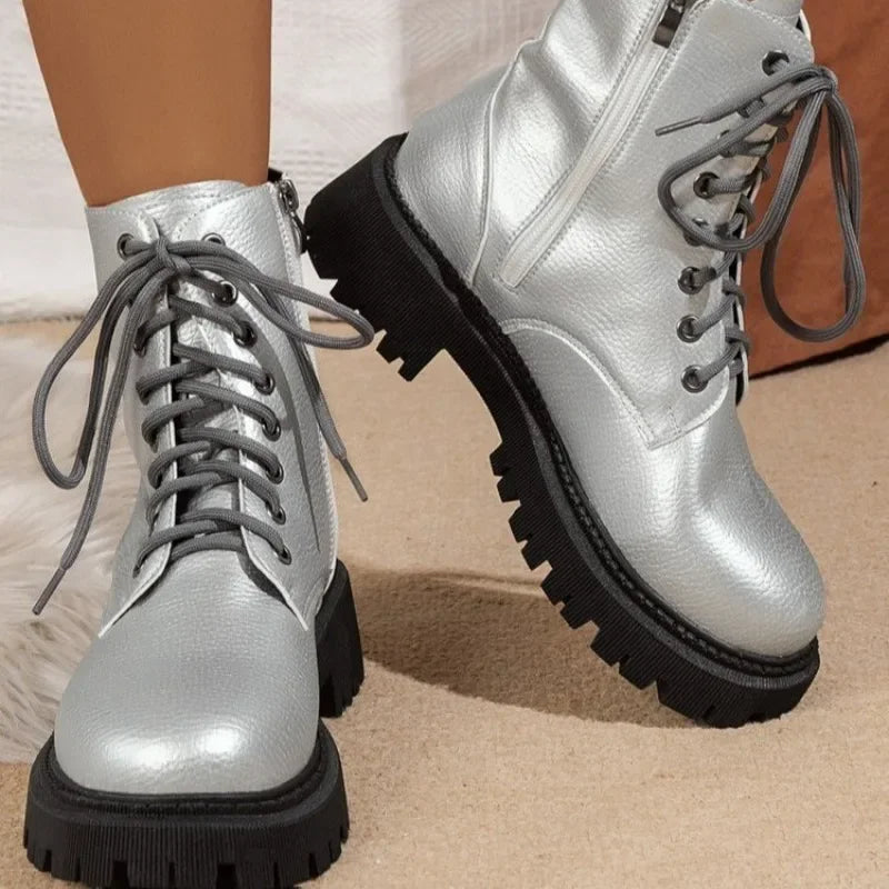 Shoes Women Silver Women's Boots Anti-slip and Wear-resistant Ladies High-top Motorcycle Boots