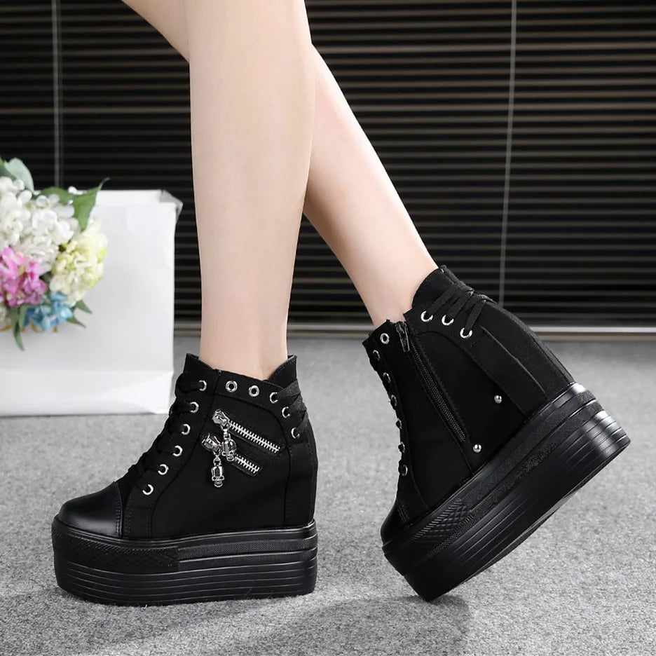 Classic Hidden Heels Platform Sneakers Women's Breathable Wedge Canvas Shoes Woman Casual Ladies Boots