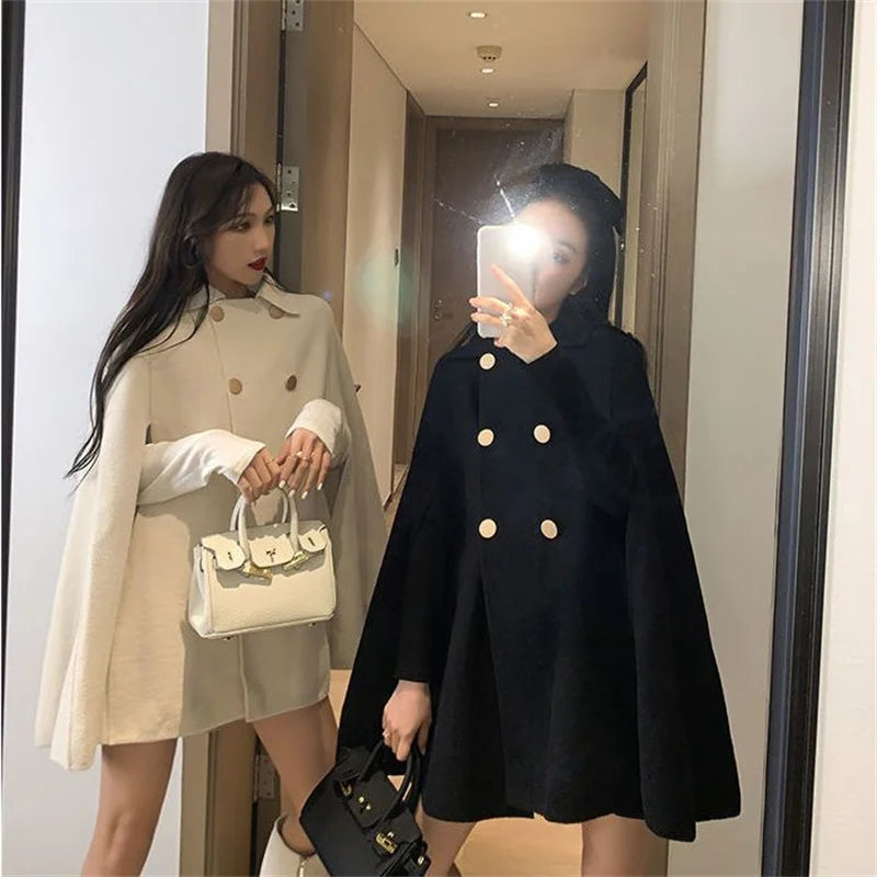 Fashion Woolen Poncho Coats for Women Autumn Winter Solid Cape Cloak Coat Loose Overcoat Female Double Breasted Lapel Jackets-Dollar Bargains Online Shopping Australia
