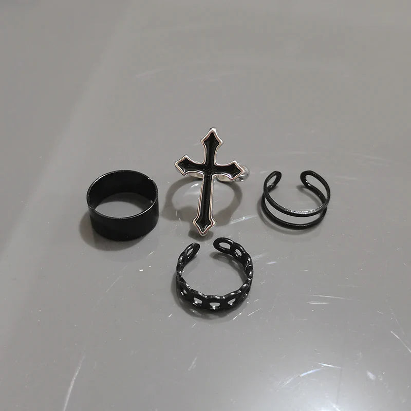 Fashion Women Ring Set Punk Cool Anillos Vintage Simple Black Cross Chain Joint Rings Sets Women Accessories Jewelry Gifts Party