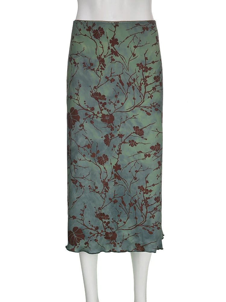 Vintage Long Skirt Green Floral Print Women Y2K High Street Grunge Fashion Elegant Mid-Calf Skirt