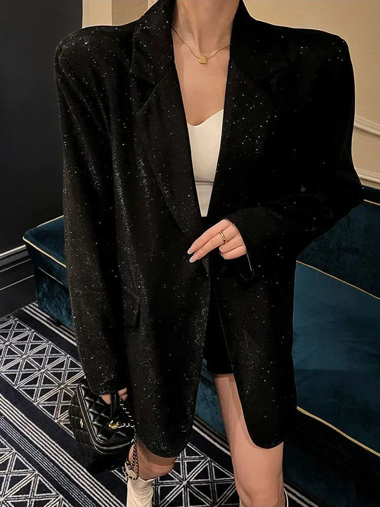 Sequin Glitter Lapel Suit Outwear For Women Luxury Long Sleeve Fashion Pocket Elegant Sparkle Coat Women's Suit Outwear-Dollar Bargains Online Shopping Australia