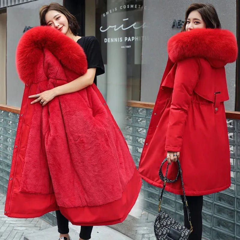 Women Parka Clothes Long Coat Wool Liner Hooded Jacket Fur Collar Thick Warm Snow Wear Fashion Parka