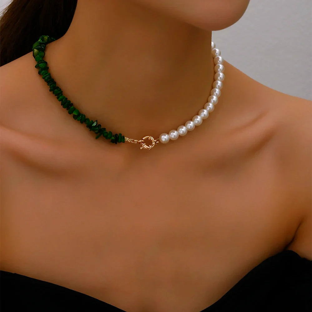 Elegant Jewelry Wedding Big Pearl Necklace For Women Fashion Imitation Pearl Green Rose Color Stone Choker Necklace-Dollar Bargains Online Shopping Australia