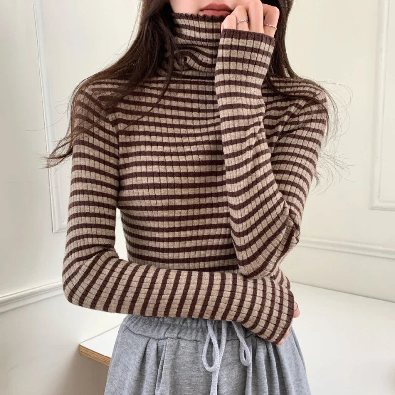 Women's Striped Turtleneck Sweater Autumn and Winter Knit Sweater-Dollar Bargains Online Shopping Australia