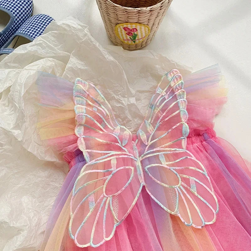 Toddler Baby Summer Princess Dress Kid Mesh Lace Sweet Rainbow Dress Sleeveless 3D Angel Wings Fairy Dress Children Clothes