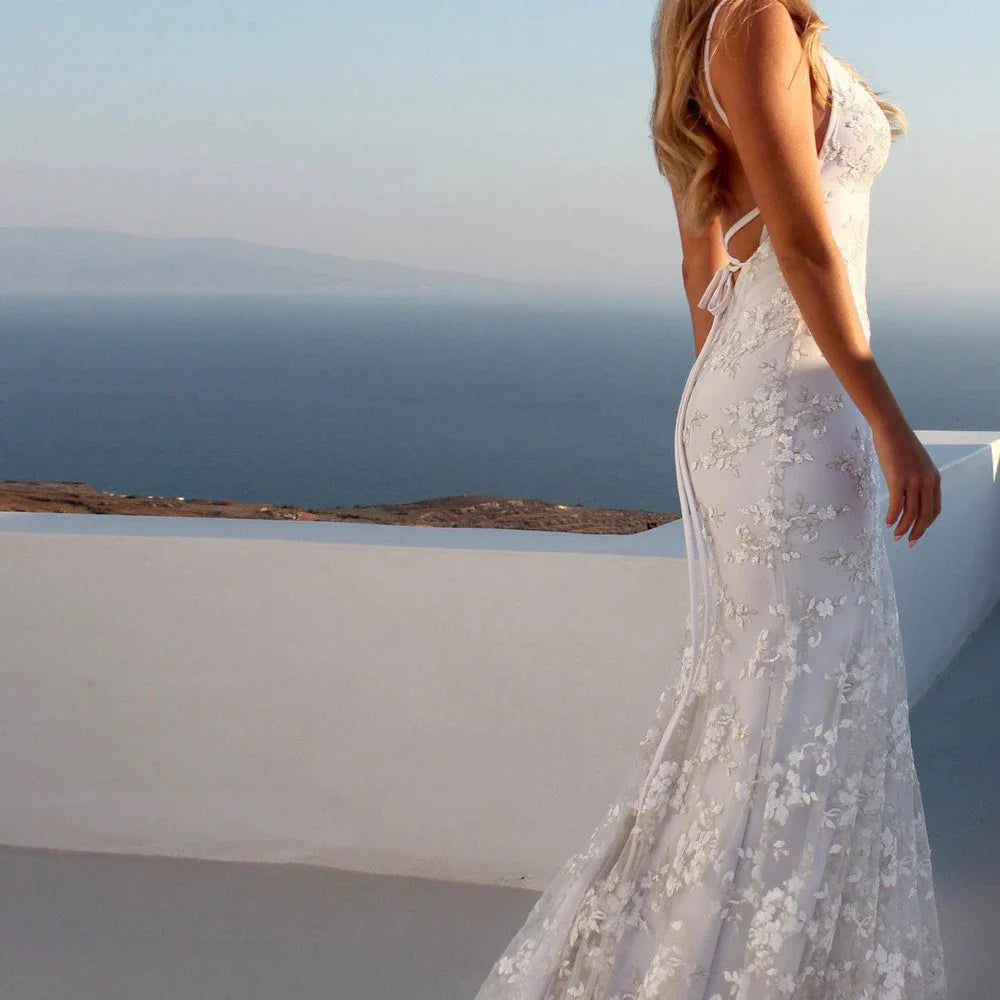 Women Party Long Dress White Sexy Lace Dress V Neck Backless Lace Up Maxi Bodycon Dresses