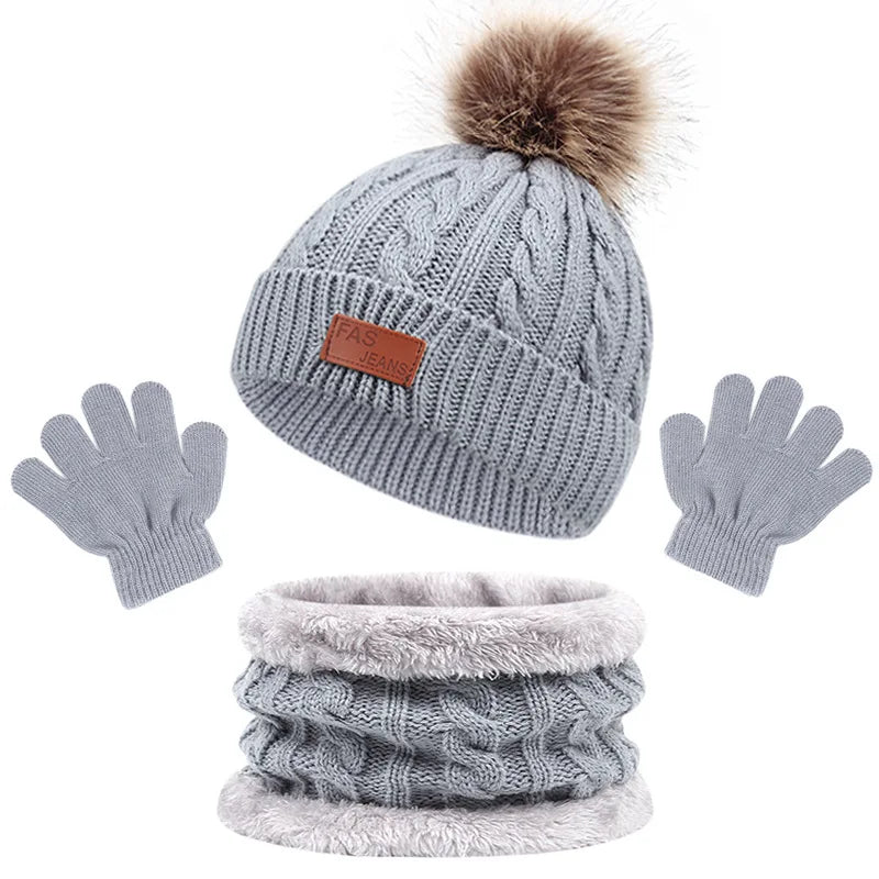 Children Winter Warm Suits Knitted Hat Scarf and Gloves Set For Girls Boy Pompoms Baby Beanies Cap Christmas Gifts For Kids 1-5y-Dollar Bargains Online Shopping Australia